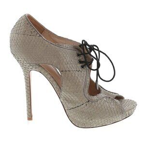 Pour La Victoire Heeled Ankle Booties 8 Rima Snakeskin Lace Up Taupe Cocktail